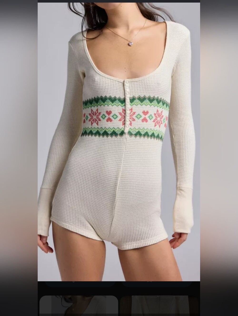 Out From Under Cream Waffle Knit Romper with Green & Pink Fair Isle